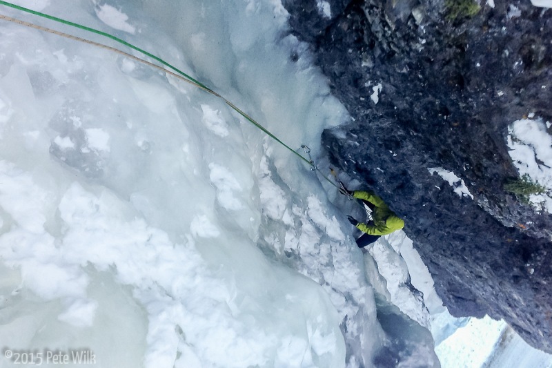 Eric following me up the tight and narrow Slip Sliding Away (WI4).