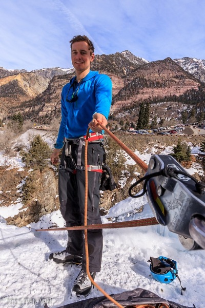 Kevin relaxing in the sun and not worrying about falling ice.  Not sure why people love to belay at the bottom of the gorge at the Ice Park.