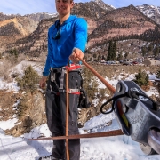 Kevin relaxing in the sun and not worrying about falling ice.  Not sure why people love to belay at the bottom of the gorge at the Ice Park.