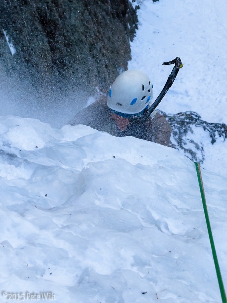 Carly fighting through the spindrift on the Ribbon (WI4).