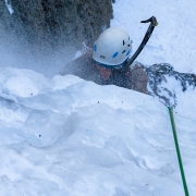 Carly fighting through the spindrift on the Ribbon (WI4).