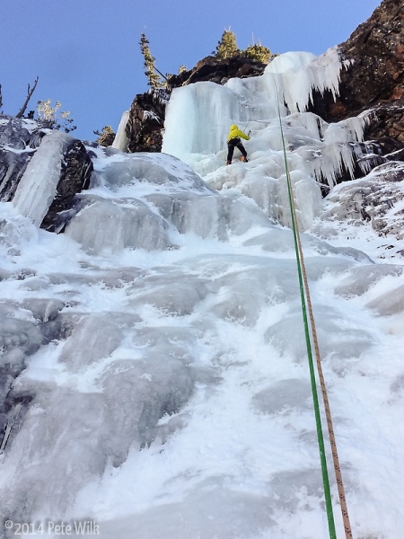 Eric nearing the crux of the route.  It was quite wet runny.