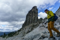 Returning back to the car and looking up at the south nose of Chimney Rock.  Just to the right of the nose (East side) there was a large rockfall in 2012 erasing some classic routes.  The East side is another 200 ft higher than the West because the ground is lower.