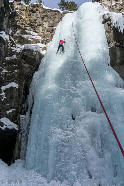 I was resting my shoulder so didn't climb at all this day, but Carly got 8 pitches on the WI4 stuff here.