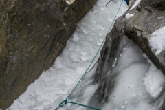 Getting up to the P2 belay.  This pitch, while hooked out, was narrow and balancy.