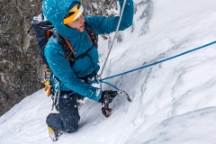 Hilary finishing up the pitch in some snowy conditions.