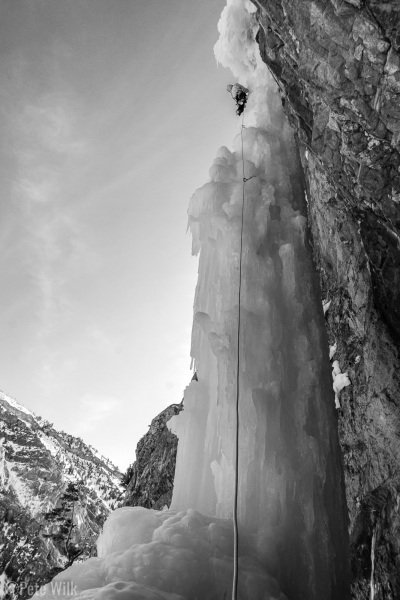 Getting ready to negotiate the roof on the first pillar, which I think is the crux of the route.