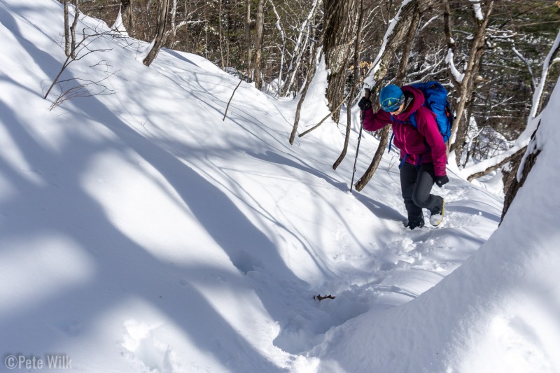 Carly breaking trail up to the base of Goofer's (WI3).