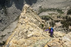 The cool knife edge near the top of the route.  We had two other parties sharing the route with us.  The belays are comfy and there are enough variations to keep us all moving well.