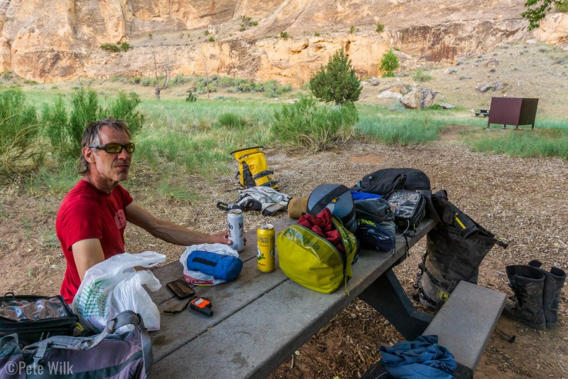 At Echo Park Campground.  We opted for this pay zone since it is such a nice location near the Green River and at the bottom of steep sandstone walls.  Note the best two options for single beers from the gas station prior to heading into Dinosaur NM.