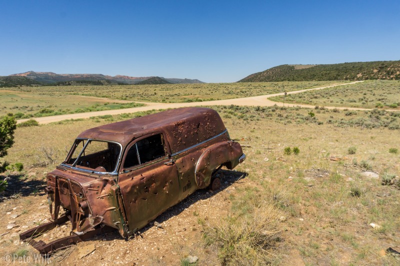 A shot up old station-wagon.  I've no idea on the backstory for this one, there's no sign.