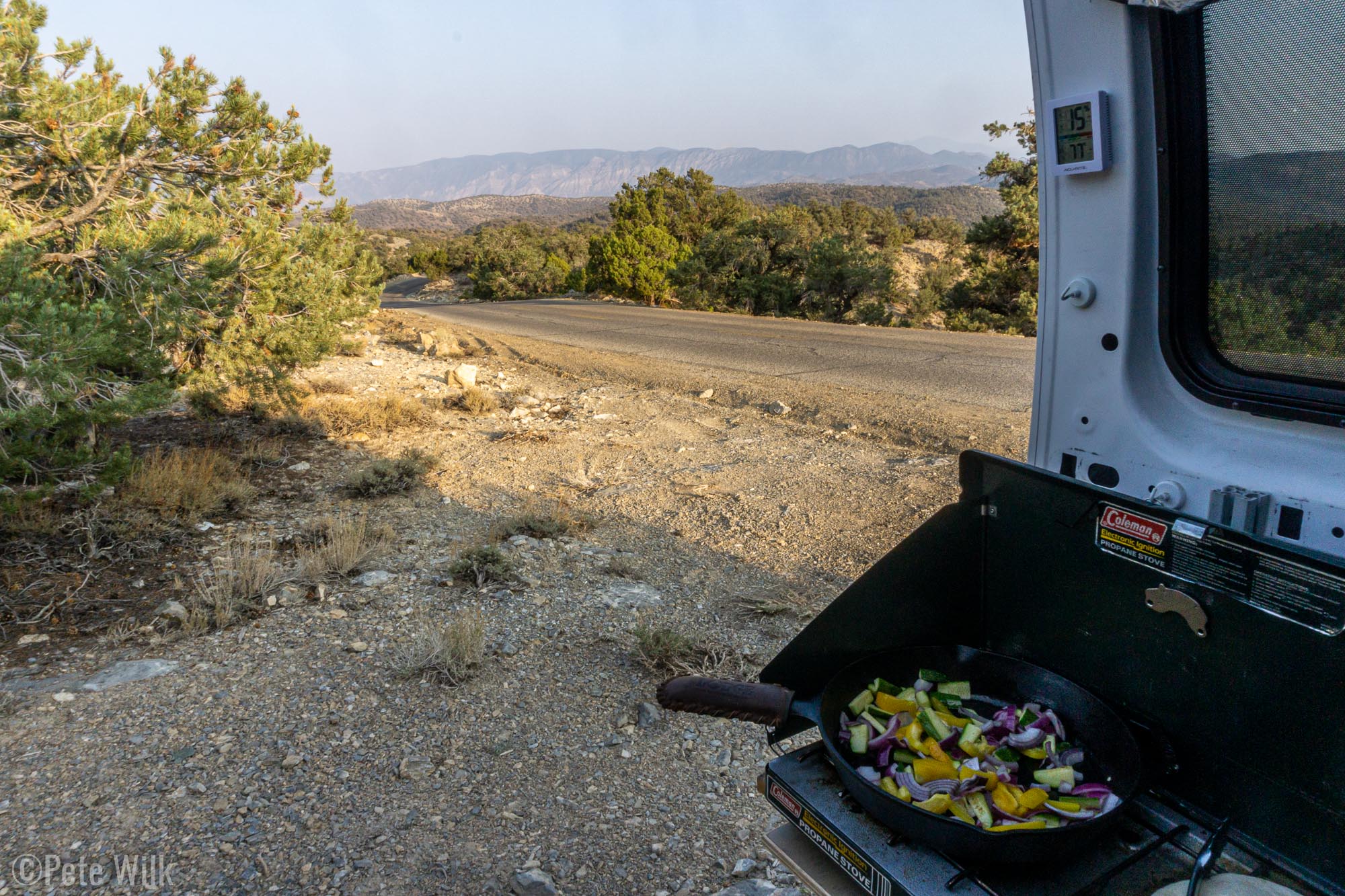 Making dinner by the side of the road before starting the drive home.