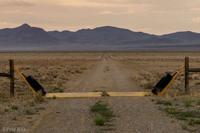 Somewhere in Nevada, looking down a long dirt road during a pit stop on the way to Bishop.