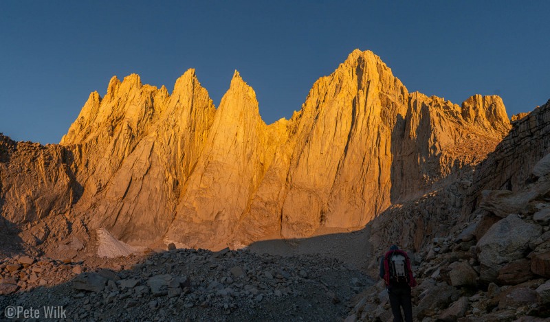 The best part of having to approach pre-dawn is getting to see the sun hit Mt. Whitney when it first comes up.  The smokiness from our approach day had cleared up high so we had clear air, while the sun still had to get through some smoke making the sunrise extra red.