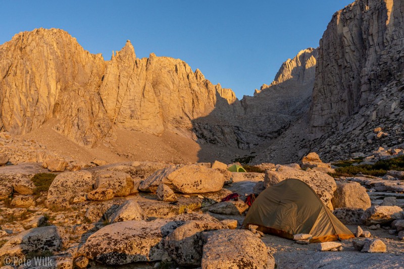 View looking back to the west.  The jagged rock peaks in the sun are blocking the view of Mt. Whitney.