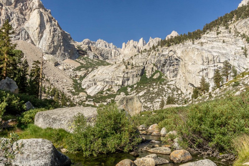 Much clearer looking up to Mt. Whitney from Lower Boyscout Lake than the day we came in.