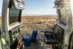 Since we couldn't stay in Tuolmne we drove down to Mono Lake and bivied there.  Cooking breakfast on the side of the road.