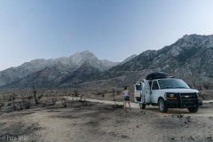 Heading to outside of Lone Pine, CA for our trip up to Mt. Whitney.  We camped at the highest elevation we could to avoid the heat, but it was still pretty low down.  This area had experienced a fire a month or two ago.
