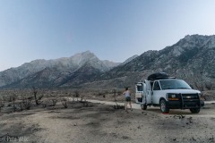 Heading to outside of Lone Pine, CA for our trip up to Mt. Whitney.  We camped at the highest elevation we could to avoid the heat, but it was still pretty low down.  This area had experienced a fire a month or two ago.