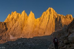 The best part of having to approach pre-dawn is getting to see the sun hit Mt. Whitney when it first comes up.  The smokiness from our approach day had cleared up high so we had clear air, while the sun still had to get through some smoke making the sunrise extra red.
