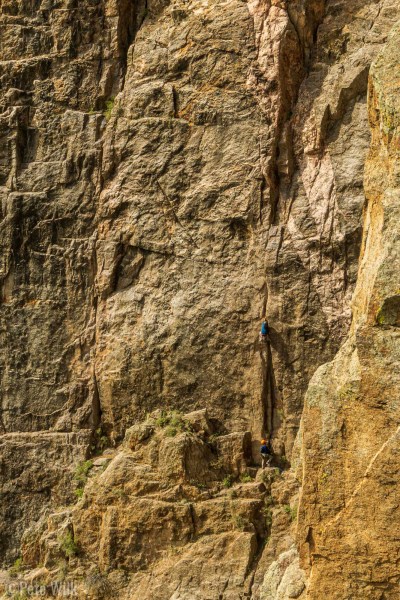 Looking back towards Midsummer's Night Dream (5.11a) as we were on Maiden Voyage (5.9).  There's a climber just getting into the difficult section of P2.