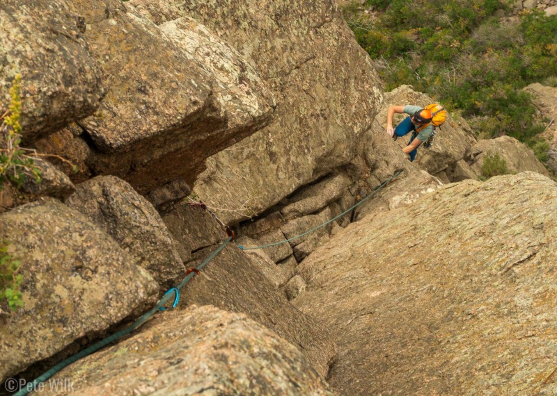 Micah coming up to the belay on P2 of Maiden Voyage (5.9).