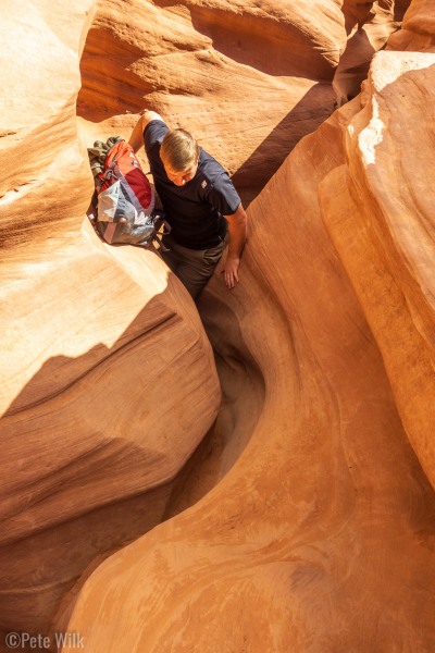 The water cut deep and narrow in this spot requiring a foot shuffle or standing on top of it.