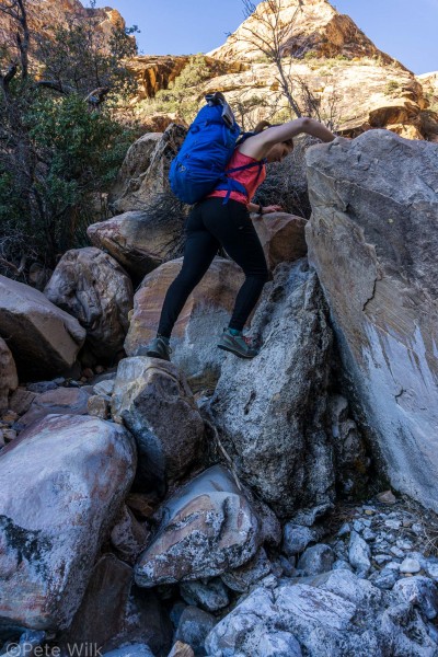 The apporach to the head of Oak Creek Canyon is long and involves typical Red Rocks wash boulder hopping.  This high up in the drainage the minerals from the limestone above the sandstone can create calcite "waterfalls".