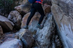 The apporach to the head of Oak Creek Canyon is long and involves typical Red Rocks wash boulder hopping.  This high up in the drainage the minerals from the limestone above the sandstone can create calcite "waterfalls".