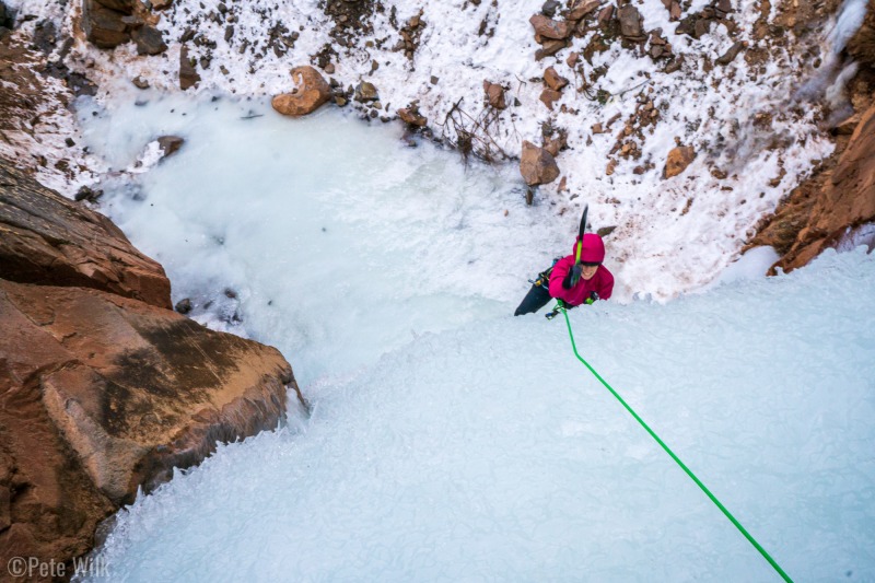 The approach is pretty easy and mainly flat.  The first pitch was fully running with water and very bizzard ice formations.  It required cleaning 6-8" of junk from the surface to get good sticks and screws.