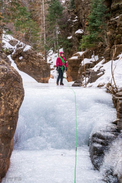 Hidden Haven (WI4) is a 4 pitch climb with the first three pitches being moderate.  There is some walking in between pitches.  With the lack of snow in UT these walking sections were a frozen stream.