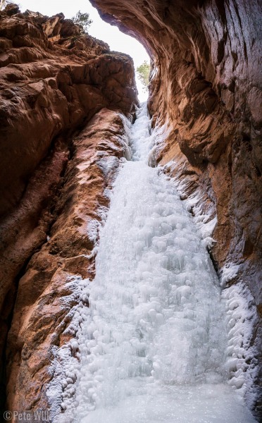 The money pitch at the end of the slot canyon.  Height and steepness are difficult to judge in the photo because it is a panorama from bottom to top in a narrow space.