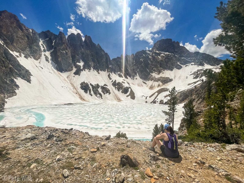 We got up to the lake below Thompson Peak, on the right.  The lake was still frozen.  It was also peculiar in that it had no surface outlet and must only drain through cracks in the rocks.  It was sort of naturally dammed.