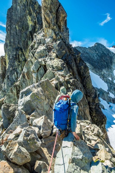 One the beginning of the North Ridge (5.6) of Forbidden Peak.  Most of the climbing is pretty moderate.  We opted to only bring mountain boots for the whole climb to keep the bulk and weight down since we had an overnight kit.