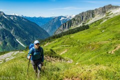 Hiking up the steep heather slopes towards the upper camp.