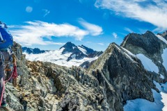 Looking at the long North Ridge.  Forbidden Peak is the highest on the right.  We split the climb into two days with a bivy after the second snowfield on the ridge.