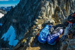 Looking down at the bivy spot Carly and I had.  We stayed clipped in overnight but not while in waking hours.