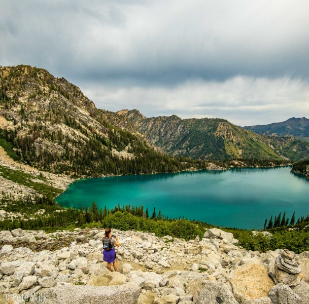 Looking down to Colchuck Lake from part way up Aasgard Pass.
