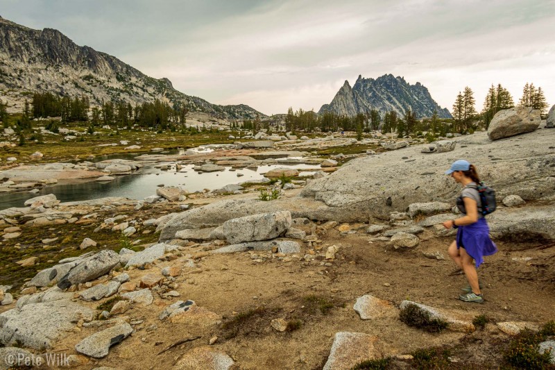 Heading through the Core Enchantments zone.  This area is mainly flat and rocky.  Prusik Peak in the distance.