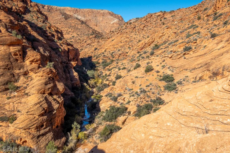 Looking down back into the canyon from the high point on our water escape bypass.