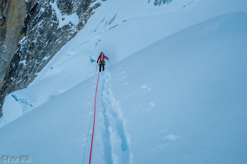 Approaching on skis, or the attemppt.  The crevasses this year were too big to get around and required a steep on-foot approach to the left.