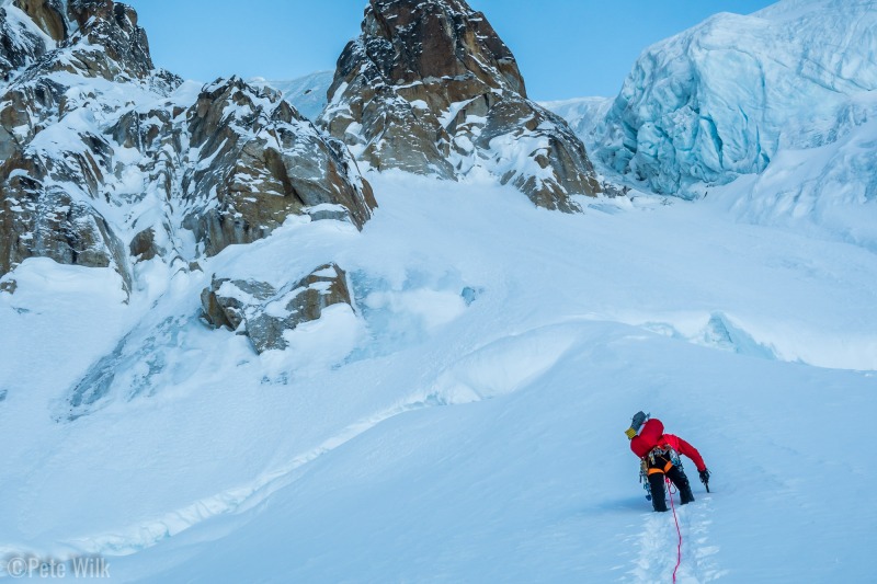 Micah heading towards the most obvious place to cross the bergschrund.  Turns out it wasn't the best spot.