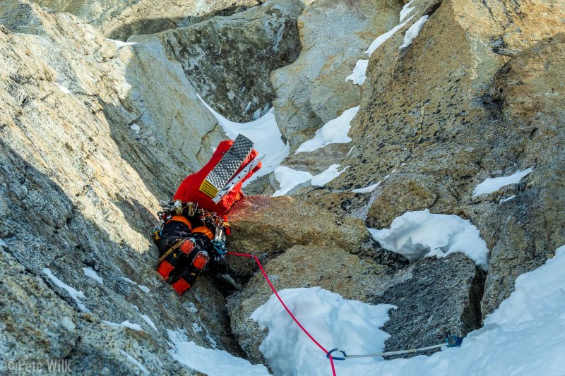 Heading up towards overhanging sugar snow in a chimney.  It required lots of cleaning.