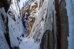The Shining Wall is located in a deep gorge about 400' deep.  Many of the climbs are spring fed at the top.