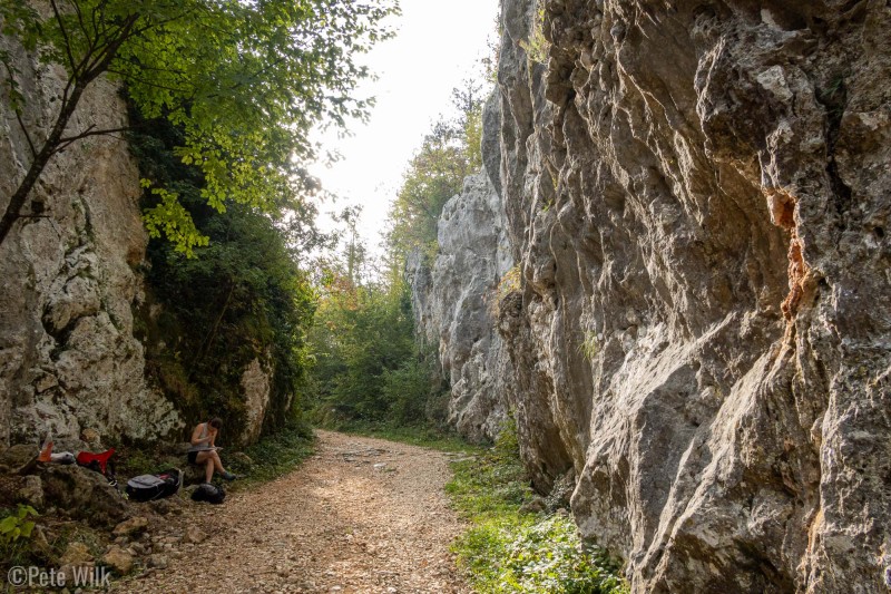 The cliff is really a cleft in the rock that this farm road goes through.  All the routes are short, but fun.  We didn't see a single person all day.