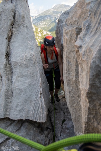 Fun squeeze exit on the ridge climb.  All the routes we did in Croatia were sport climbs so the majority of protection was bolts, but on all of the longer climbs I brought a light rack to augment the bolts since the bolting often could be sparse.