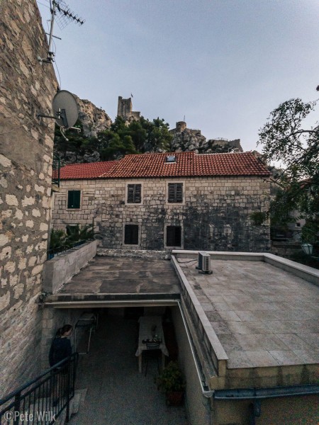 View from the front door of our apartment in Omiš.  Old Town is at the foot of this 13th century fort.
