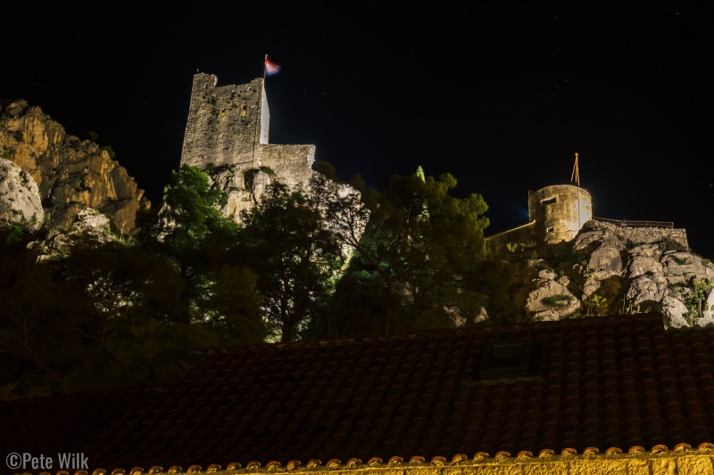 Nighttime view up at the old Mirabela Fortress.