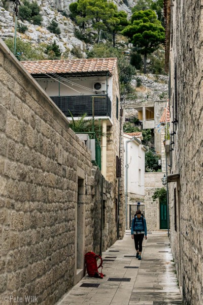 Getting back from climbing on one of the days.  My pack is at the entrance to our apartment.