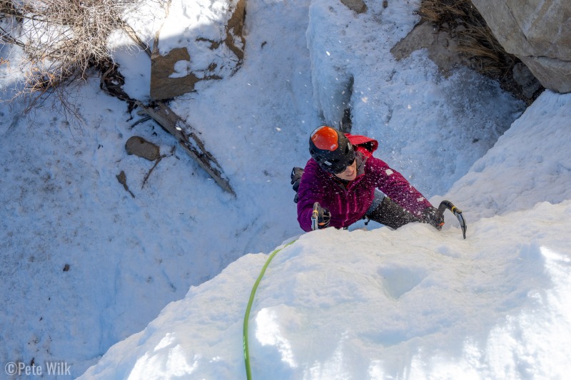 Carly coming up P2 of CCC Falls (WI3+).